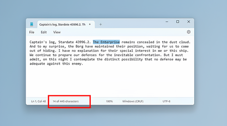 L'applicazione standard Blocco note in Windows 11 ora supporta il conteggio del numero di caratteri in un documento.
