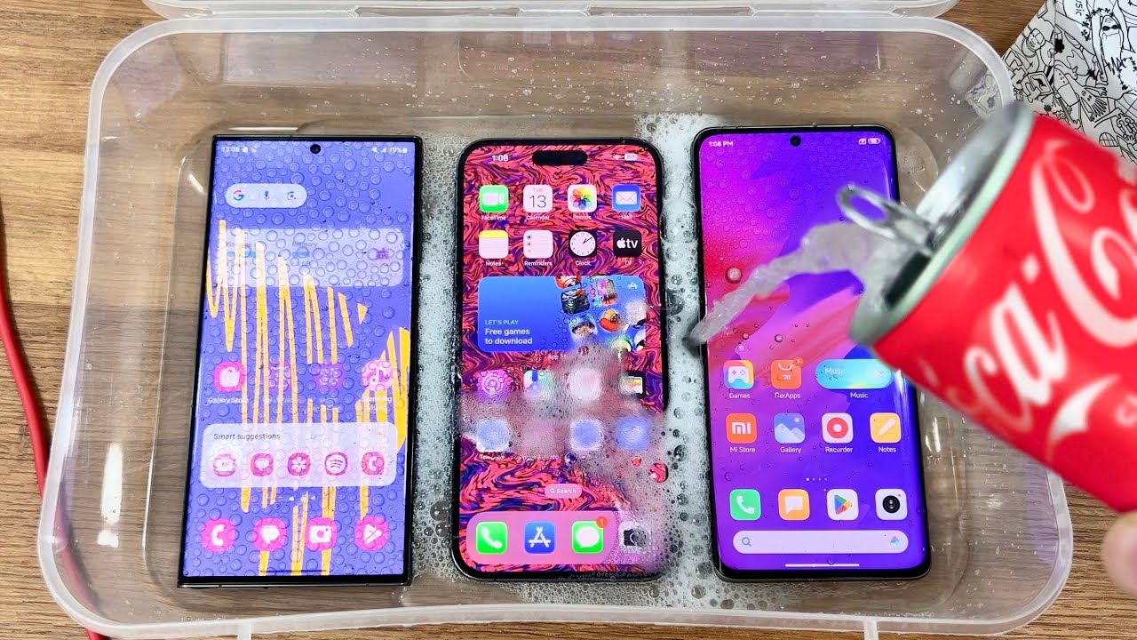 Il test del ghiaccio: le ammiraglie Samsung Galaxy S23 Ultra, iPhone 14 Pro Max e Xiaomi 13 Ultra versano soda e si bloccano (video)