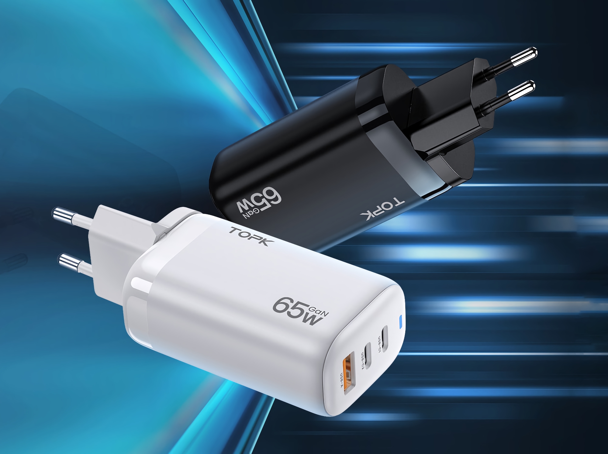 $ 22 Caricabatterie TOPK GaN con 65 W, tre porte USB e spina europea $ 22 Caricabatterie TOPK GaN con 65 W, tre porte USB e spina europea