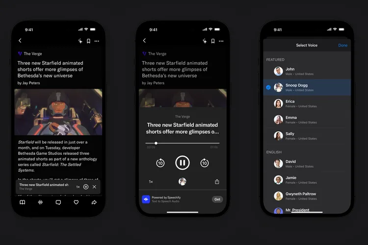 L'app Artifact ha una funzione text-to-speech alimentata dall'intelligenza artificiale che leggerà le notizie con la voce di Snoop Dogg. L'app Artifact ha una funzione text-to-speech alimentata dall'intelligenza artificiale che leggerà le notizie con la voce di Snoop Dogg.