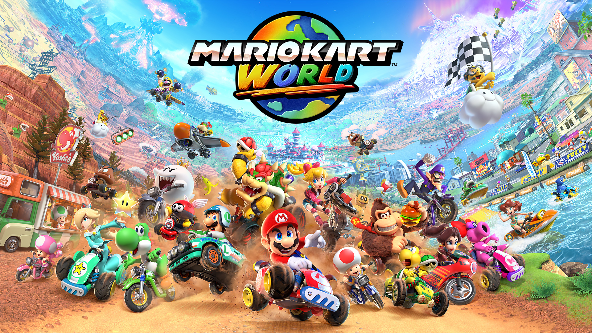 Storia e arte nel nuovo poster di Mario Kart World Arte del futuro Mario Kart World: Immersione Visiva