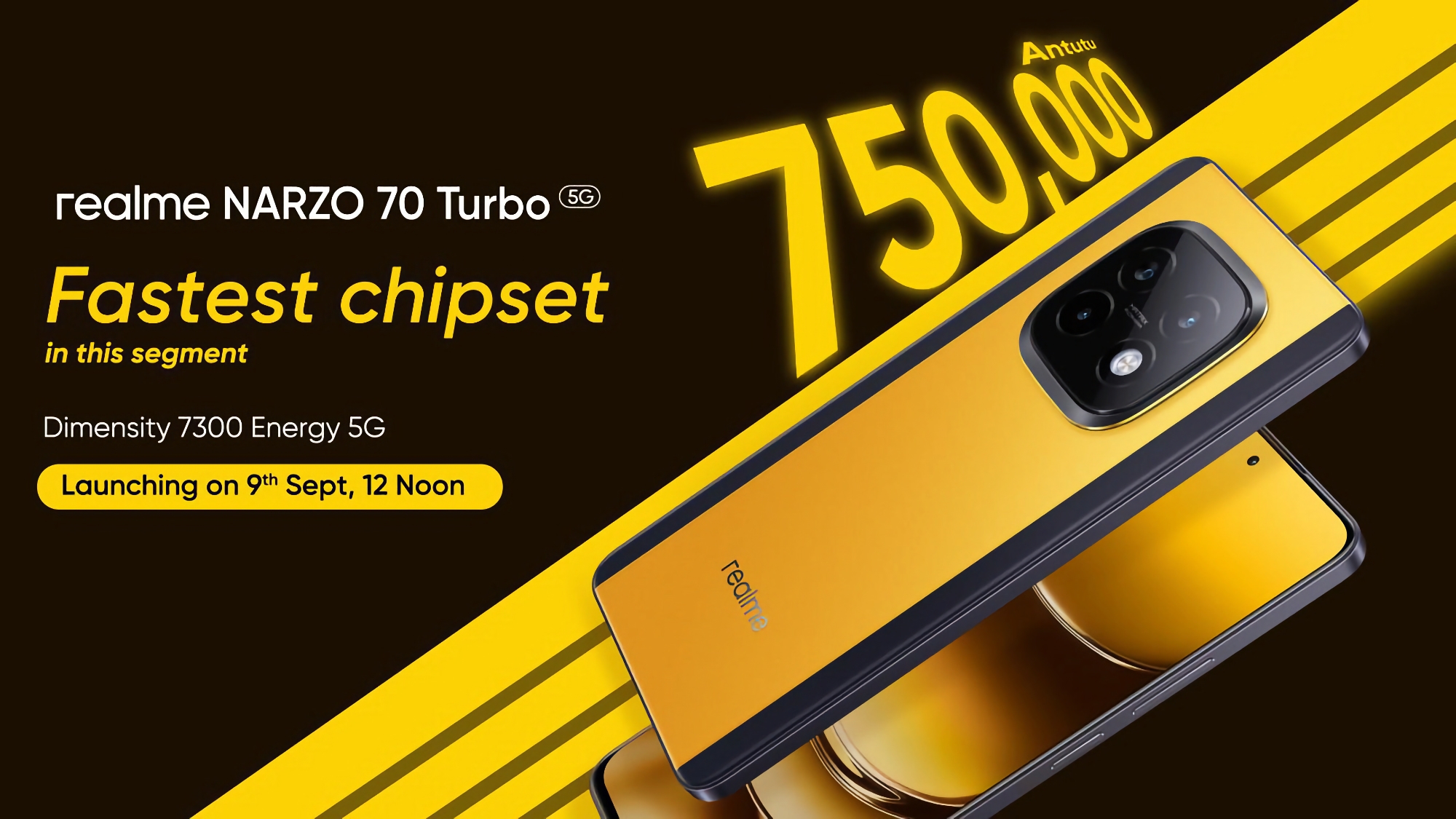E' ufficiale: il realme Narzo 70 Turbo con chip MediaTek Dimensity 7300 Energy debutterà il 9 settembre. E' ufficiale: il realme Narzo 70 Turbo con chip MediaTek Dimensity 7300 Energy debutterà il 9 settembre.