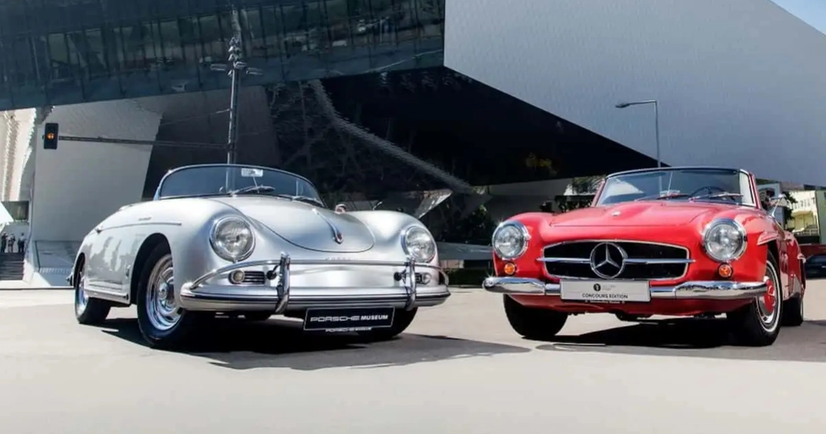 Scatto raro: iconiche Porsche 356 e Mercedes W111 accanto al Museo Porsche