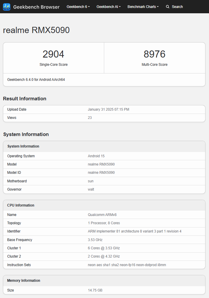 Risultati del test delle prestazioni di Realme RMX5090 (GT 7). Illustrazione: Geekbench