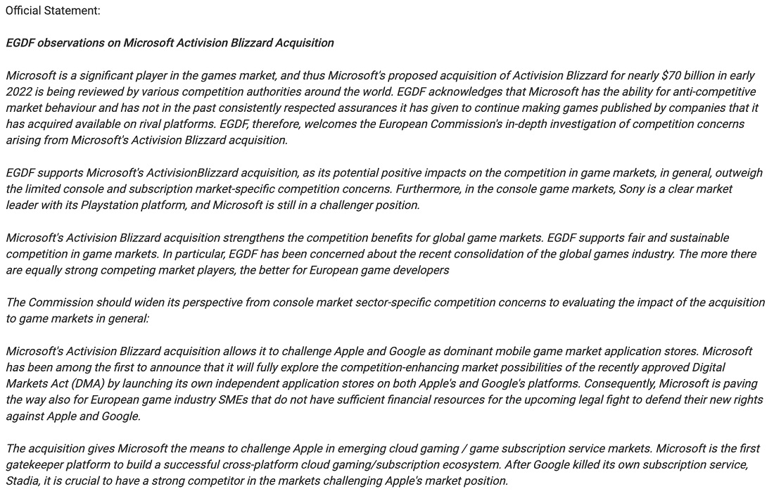 La Federazione europea degli sviluppatori di videogiochi (EGDF) si è espressa a favore dell'accordo tra Microsoft e Activision Blizzard.-2 La Federazione europea degli sviluppatori di videogiochi (EGDF) si è espressa a favore dell'accordo tra Microsoft e Activision Blizzard.-2