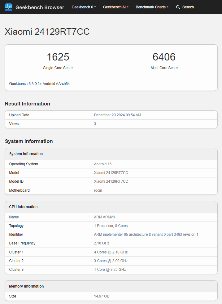 Illustrazione: Geekbench Risultato del test del processore Dimensity 8400-Ultra nello smartphone Redmi Turbo 4