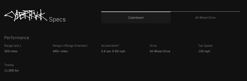 Caratteristiche del Cybertruck Tesla. Illustrazione: screenshot dal sito web di Tesla