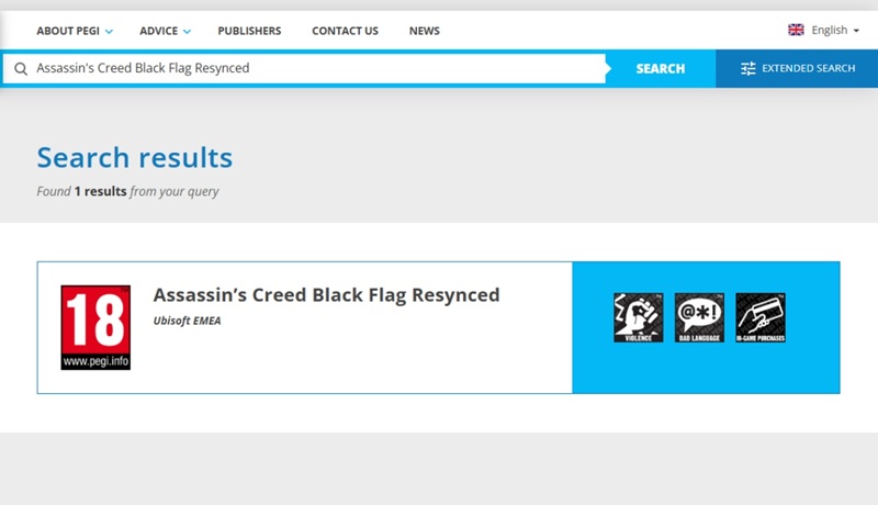 Screenshot da PEGI con valutazione remake Black Flag Resynced