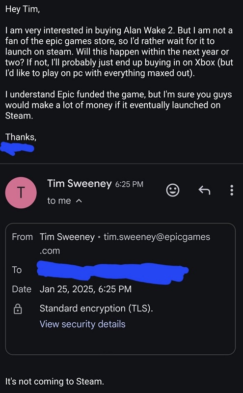 Screenshot della corrispondenza con Tim Sweeney Screenshot della corrispondenza con Tim Sweeney