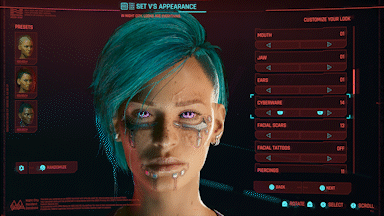 Un'intera schermata di personalizzazione del personaggio in Cyberpunk 2077