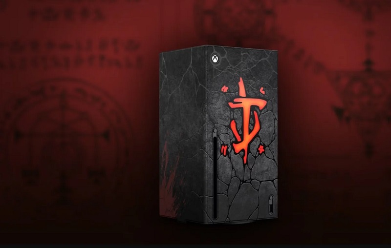 Un pannello per Xbox Series X nello stile di DOOM: The Dark Ages