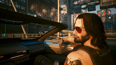 Johnny Silverhand in un'auto in Cyberpunk 2077.