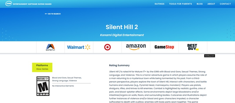 Silent Hill 2 Remake ESRB rating per Xbox Series
