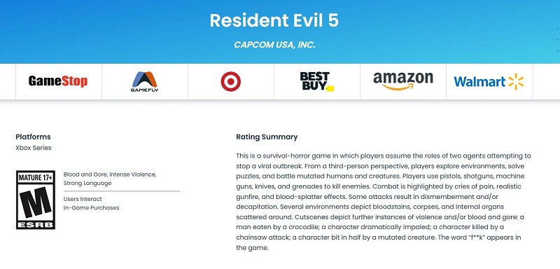 Valutazione dell'età di Resident Evil 5 per la serie Xbox. Fonte: ESRB Valutazione dell'età di Resident Evil 5 per la serie Xbox. Fonte: ESRB