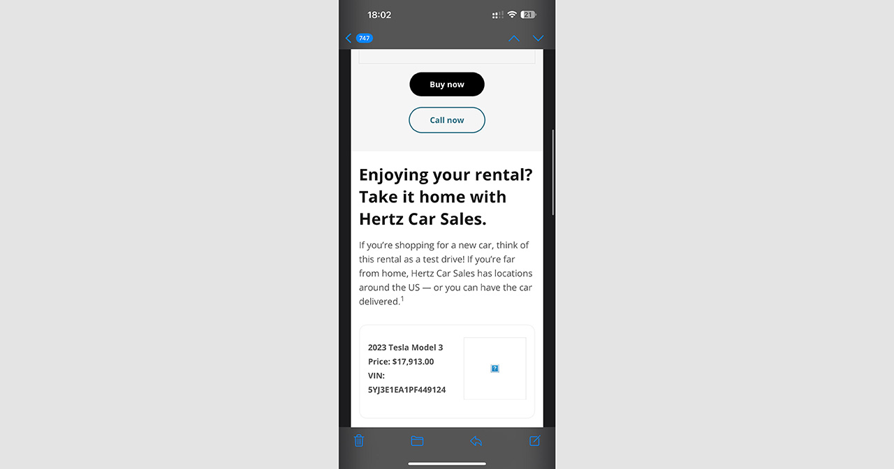 Schermata di un'e-mail di Hertz che offre il riacquisto della Tesla Model 3