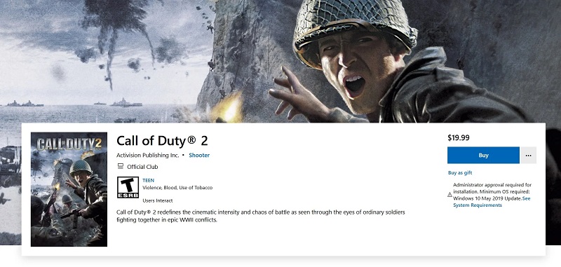 Uno screenshot della pagina di Call of Duty 2 sul Microsoft Store Uno screenshot della pagina di Call of Duty 2 sul Microsoft Store