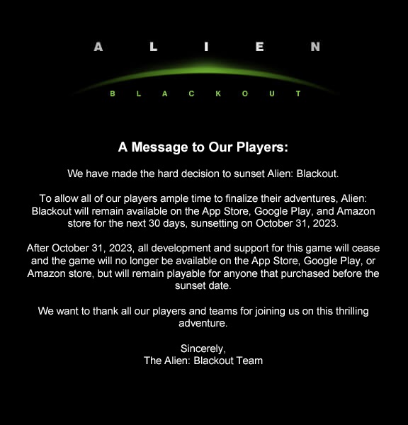 Il gioco mobile Alien: Blackout sarà rimosso da App Store, Google Play e Amazon Store il 31 ottobre.-2 Il gioco mobile Alien: Blackout sarà rimosso da App Store, Google Play e Amazon Store il 31 ottobre.-2