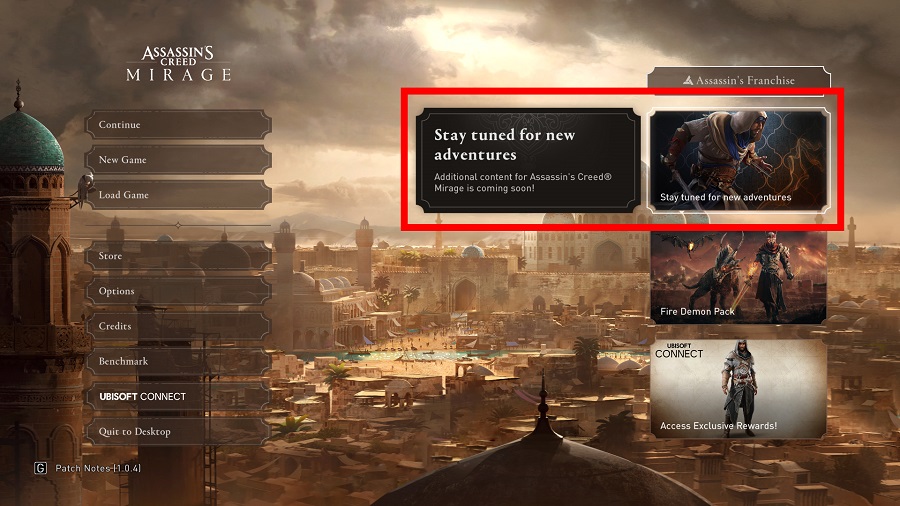 Ubisoft sta preparando un add-on per Assassin's Creed Mirage? Un misterioso banner pubblicitario è stato trovato nel menu principale del gioco-2 Ubisoft sta preparando un add-on per Assassin's Creed Mirage? Un misterioso banner pubblicitario è stato trovato nel menu principale del gioco-2