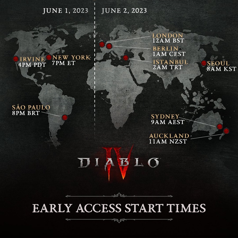 Blizzard ha pubblicato delle mappe che mostrano chiaramente la data e l'ora di uscita di Diablo IV in diversi fusi orari.-2 Blizzard ha pubblicato delle mappe che mostrano chiaramente la data e l'ora di uscita di Diablo IV in diversi fusi orari.-2
