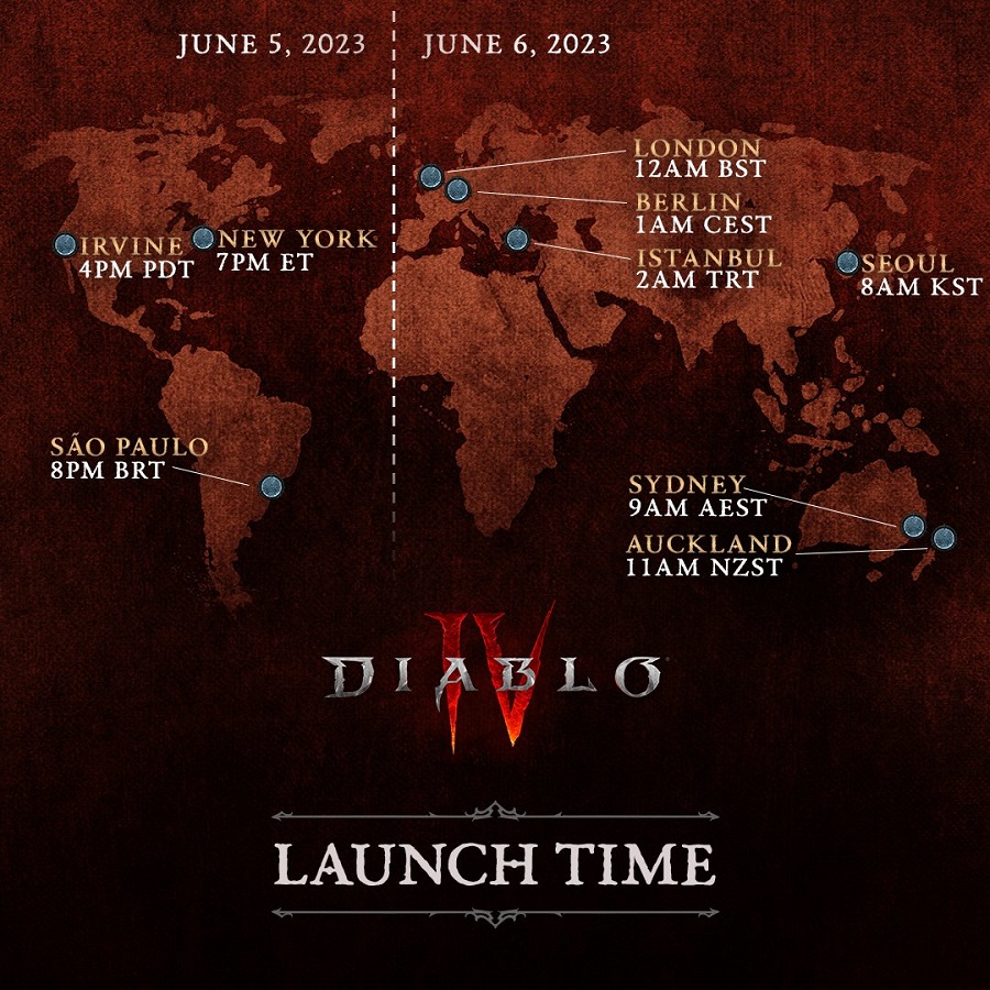 Blizzard ha pubblicato delle mappe che mostrano chiaramente la data e l'ora di uscita di Diablo IV in diversi fusi orari.-3 Blizzard ha pubblicato delle mappe che mostrano chiaramente la data e l'ora di uscita di Diablo IV in diversi fusi orari.-3