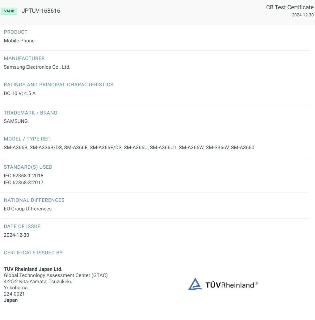 Galaxy A36 5G Certificazione IECEE Galaxy A36 5G Certificazione IECEE