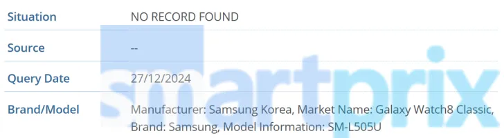 Samsung Galaxy Watch8 Classic Informazioni sul Samsung Galaxy Watch8 Classic nel database GSMA