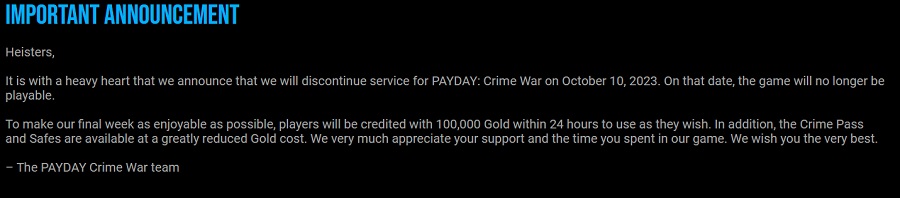 Stop alle rapine: tra pochi giorni il gioco mobile Payday: Crime War cesserà di esistere. Gli sviluppatori hanno annunciato l'inaspettata decisione-2 Stop alle rapine: tra pochi giorni il gioco mobile Payday: Crime War cesserà di esistere. Gli sviluppatori hanno annunciato l'inaspettata decisione-2