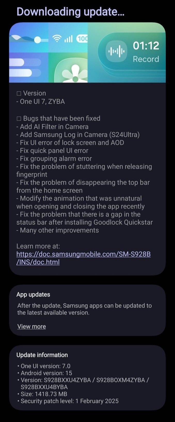 Aggiornamento One UI 7.0 Schermata che descrive il nuovo aggiornamento One UI 7.0