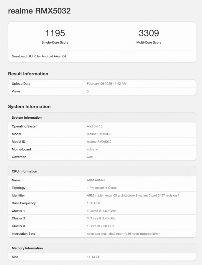 Risultati di Geekbench I risultati dei test sulle prestazioni del Realme P3 Pro su Geekbench