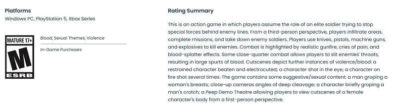 Schermata della descrizione del gioco sul sito web dell'ESRB