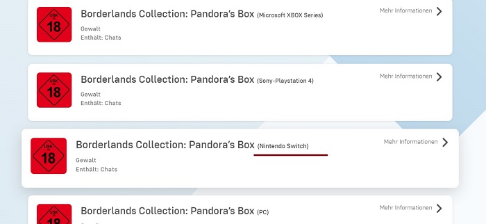 The Borderlands Collection: Pandora's Box potrebbe uscire anche su Nintendo Switch, come indicato dalle informazioni di un'agenzia di rating tedesca.-2 The Borderlands Collection: Pandora's Box potrebbe uscire anche su Nintendo Switch, come indicato dalle informazioni di un'agenzia di rating tedesca.-2