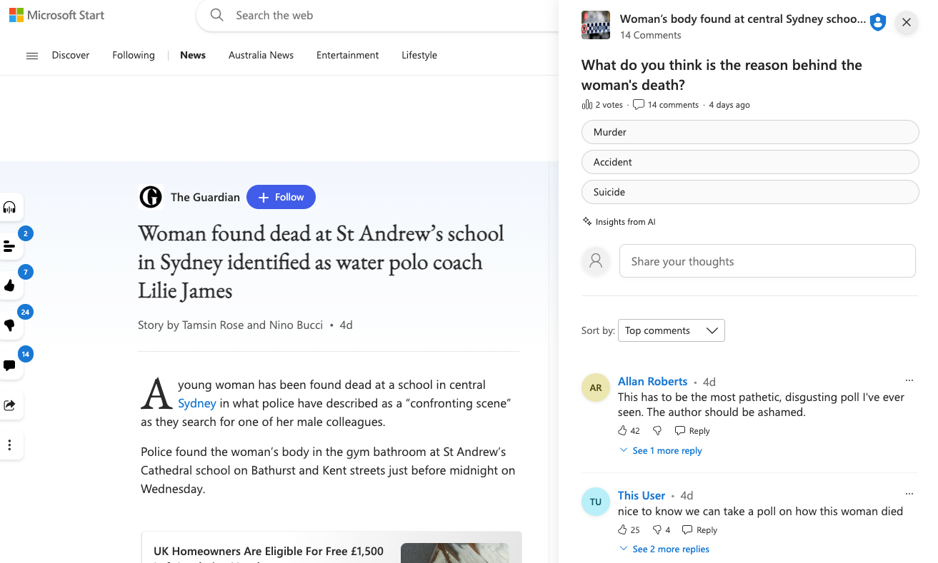 Microsoft accusata di aver minato la reputazione del Guardian con un sondaggio generato dall'AI Microsoft accusata di aver minato la reputazione del Guardian con un sondaggio generato dall'AI