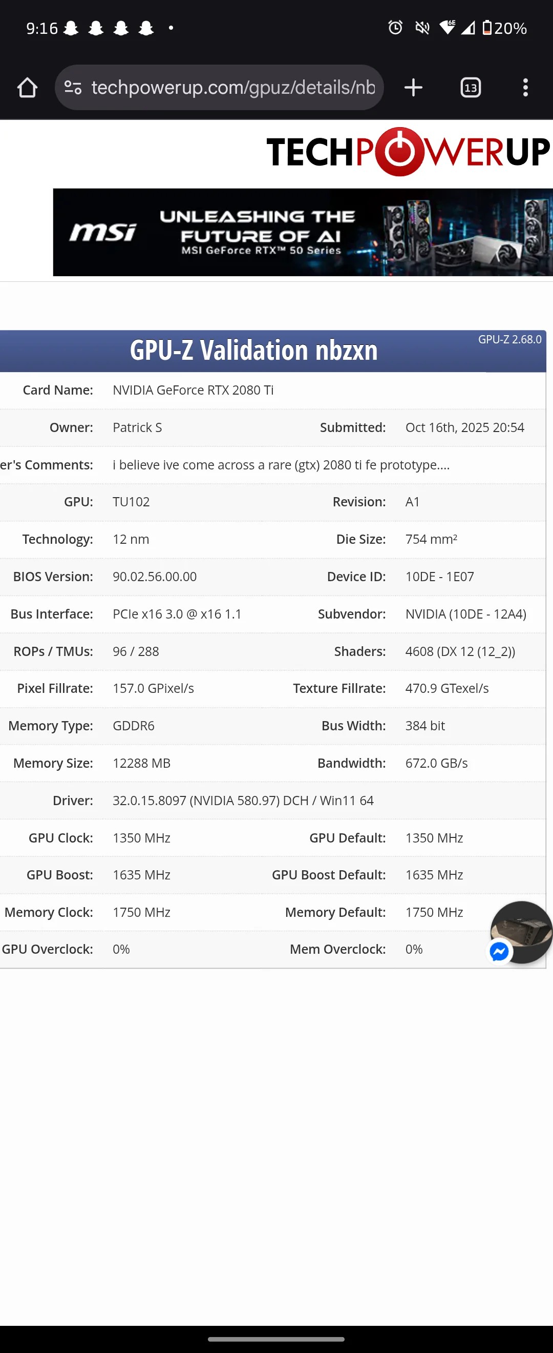 Technical characteristics of the prototype in GPU-Z