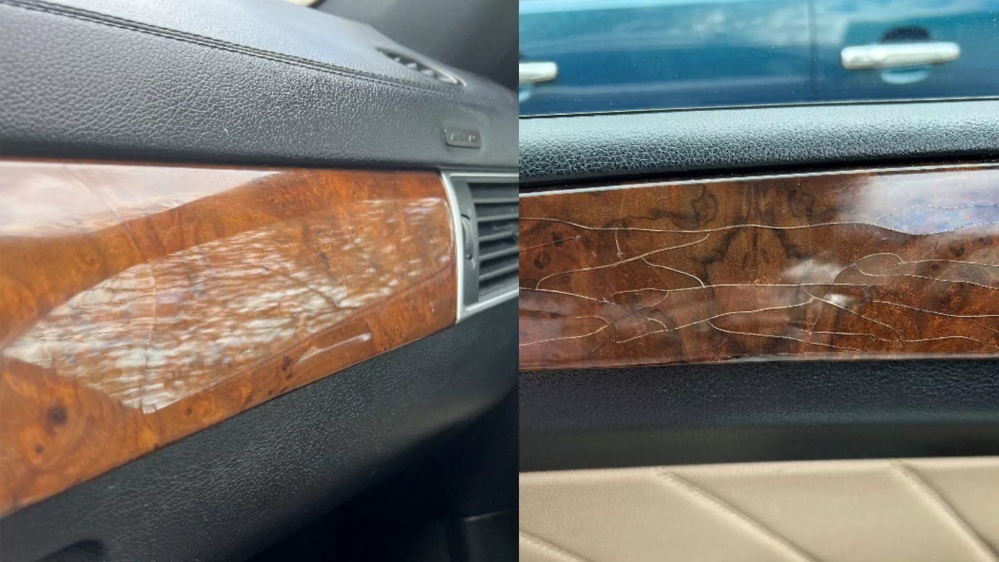 Esempi di difetti nel rivestimento in legno degli interni delle auto Mercedes-Benz