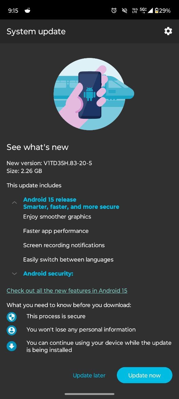 Schermata dell'aggiornamento del Moto G64 5G ad Android 15 Schermata dell'aggiornamento del Moto G64 5G ad Android 15