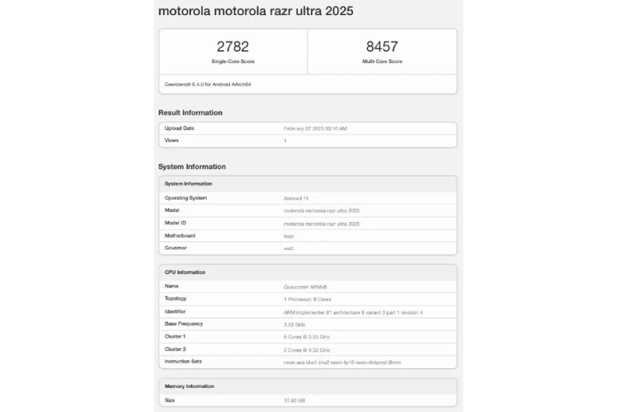 Motorola Razr Ultra 2025 dal codice Geekbench