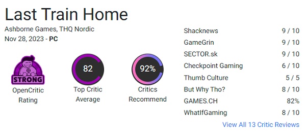 La critica e i giocatori hanno accolto calorosamente la strategia Last Train Home: il gioco ha ottenuto ottime recensioni e punteggi elevati.-2 La critica e i giocatori hanno accolto calorosamente la strategia Last Train Home: il gioco ha ottenuto ottime recensioni e punteggi elevati.-2