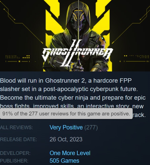 Grande gioco, ma non per tutti: gli utenti di Steam sono entusiasti di Ghostrunner 2, gioco d'azione cyberpunk, con un picco online di piccole dimensioni.-2