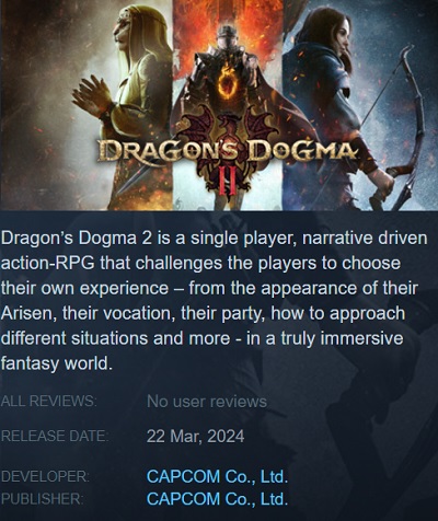 Steam ha rivelato in anticipo la data di uscita del gioco di ruolo Dragon's Dogma 2 di Capcom.-2 Steam ha rivelato in anticipo la data di uscita del gioco di ruolo Dragon's Dogma 2 di Capcom.-2
