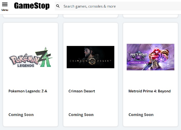 Screenshot del sito GameStop