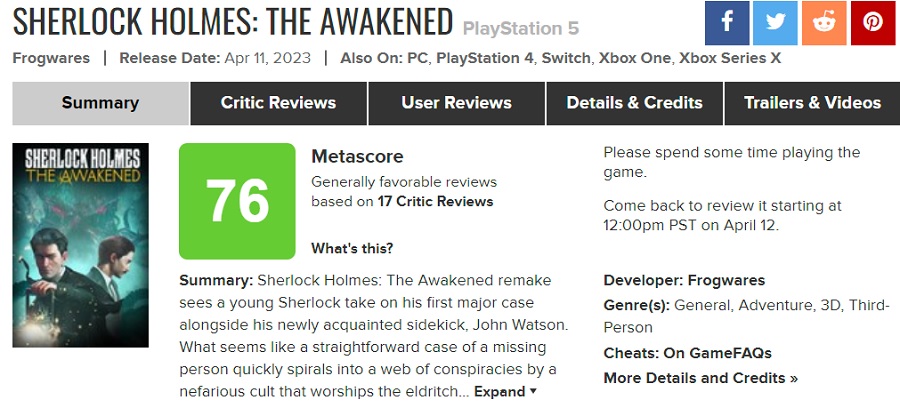 Monotono e noioso: la critica ha valutato moderatamente il remake di Sherlock Holmes: The Awakened. Il gioco ha ricevuto un punteggio medio sugli aggregatori-2 Monotono e noioso: la critica ha valutato moderatamente il remake di Sherlock Holmes: The Awakened. Il gioco ha ricevuto un punteggio medio sugli aggregatori-2