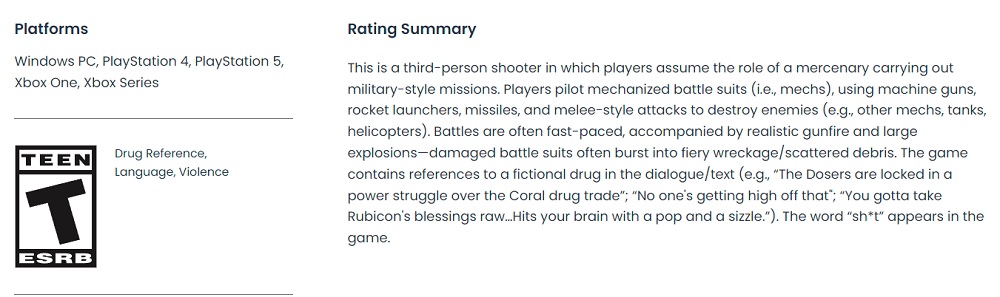 Adolescenti ammessi: Il comitato di classificazione ESRB assegna un rating di età ad Armored Core VI di FromSoftware: Fires of Rubicon-2 Adolescenti ammessi: Il comitato di classificazione ESRB assegna un rating di età ad Armored Core VI di FromSoftware: Fires of Rubicon-2