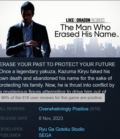 Gli utenti di Steam sono entusiasti del gioco d'azione criminale Like a Dragon Gaiden: The Man Who Erased His Name e lasciano solo recensioni positive sul gioco.-3 Gli utenti di Steam sono entusiasti del gioco d'azione criminale Like a Dragon Gaiden: The Man Who Erased His Name e lasciano solo recensioni positive sul gioco.-3