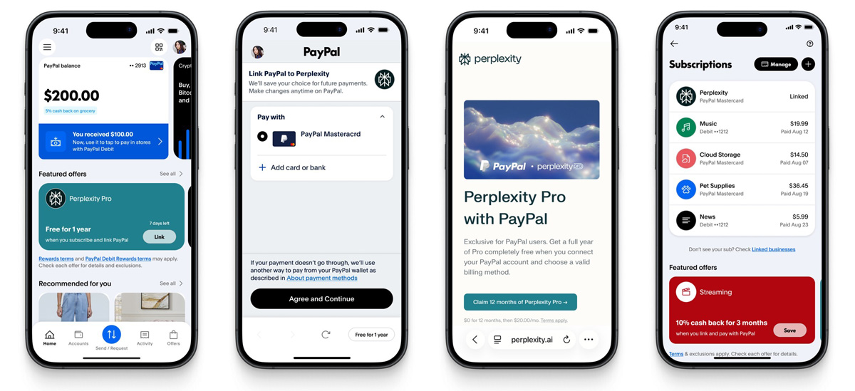 Abbonamento annuale di Perplexity Pro gratuito Un anno di abbonamento di Perplexity Pro gratuito. Illustrazione per la campagna PayPal