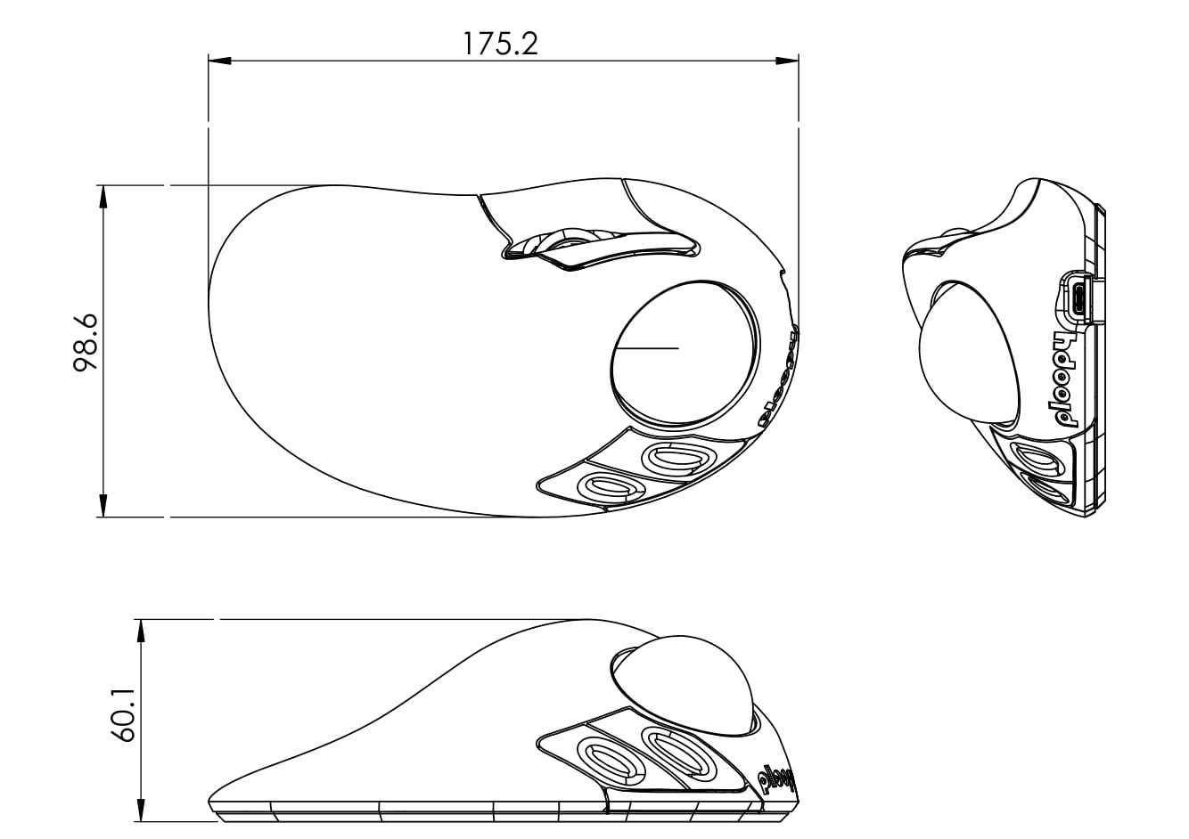 Dimensioni della trackball Classic 2. Illustrazione: Ploopy