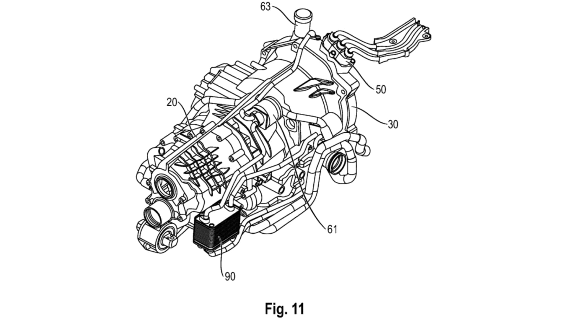Immagine del brevetto del propulsore ibrido Porsche con flusso magnetico assiale e motore a combustione interna.