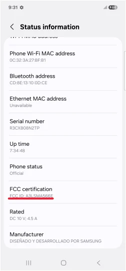 Screenshot delle informazioni sullo smartphone Galaxy A56 dal database della FCC