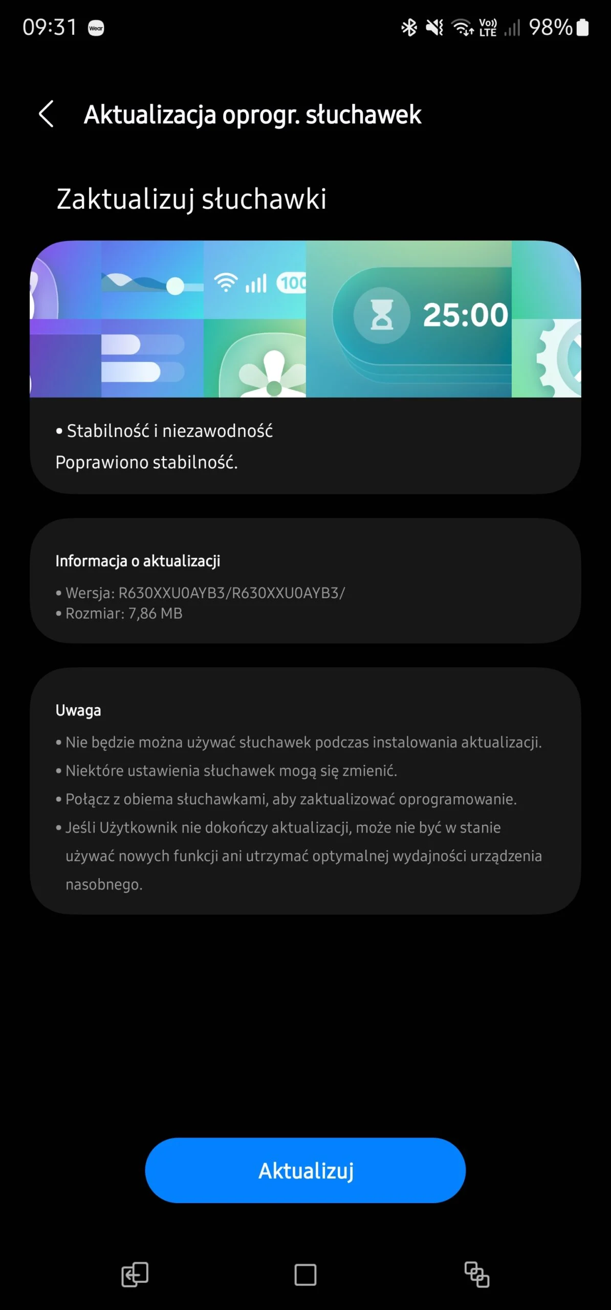 Aggiornamento dei Samsung Galaxy Buds 3 Pro Schermata dell'aggiornamento per Samsung Galaxy Buds 3 Pro