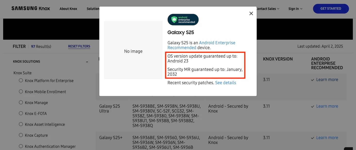 Supporto per Galaxy S25 Enterprise Edition, Galaxy S25+ Enterprise Edition e Galaxy S25 Ultra Enterprise Edition