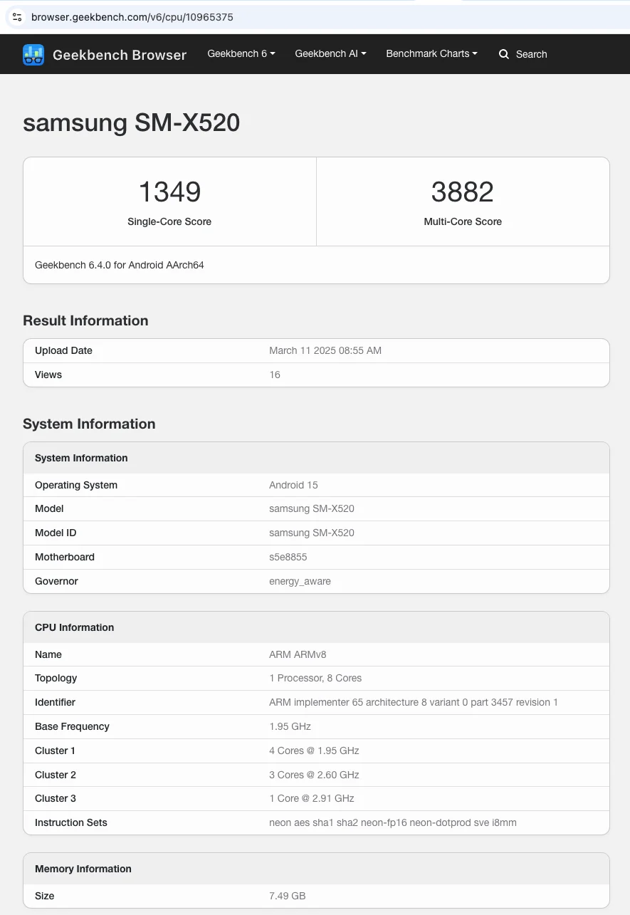 Prestazioni del Galaxy Tab S10 FE Galaxy Tab S10 FE risultati di performance nel test benchmark di Geekbench